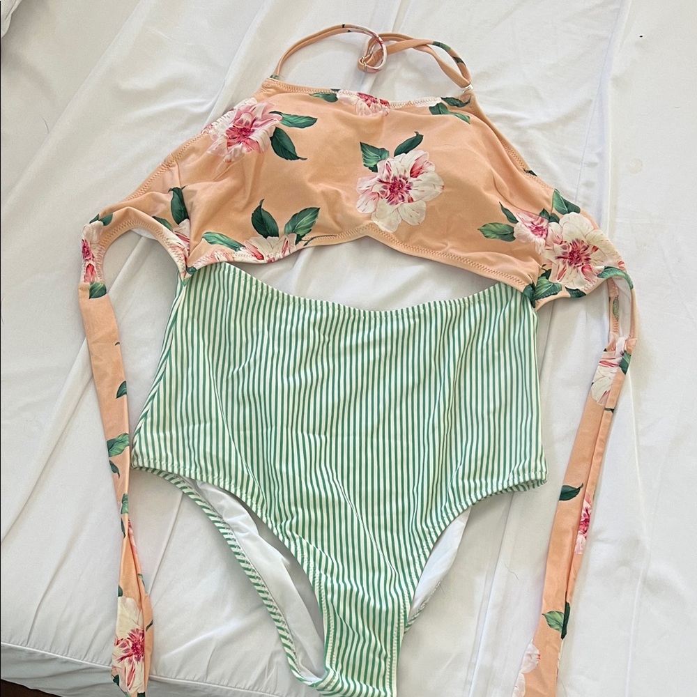 Cupshe Floral and Striped One Piece Swimsuit - Peach and Green
